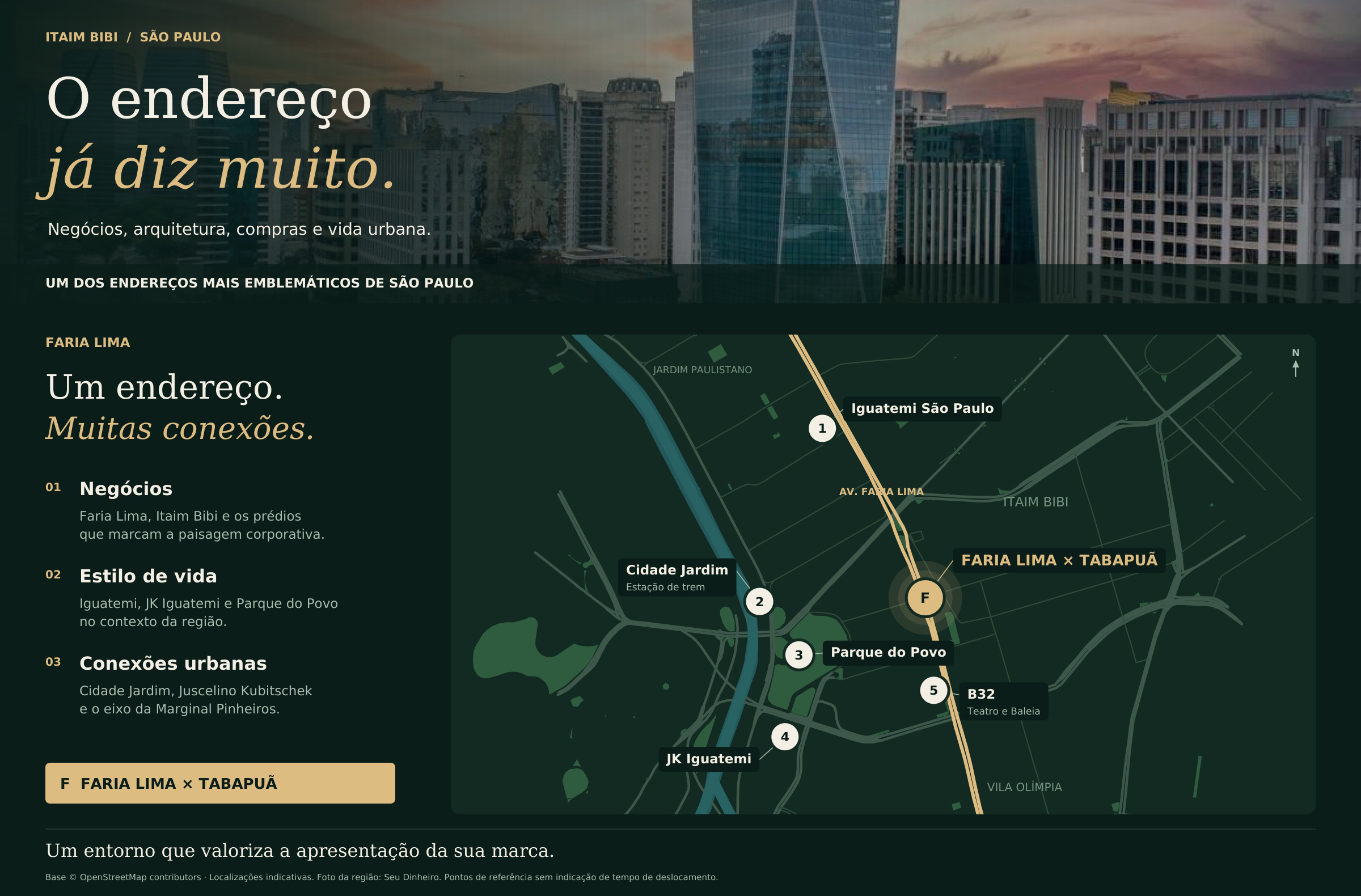 O endereço já diz muito. Mapa da região com skyline da Faria Lima e referências Iguatemi São Paulo, estação Cidade Jardim, Parque do Povo, JK Iguatemi e B32.