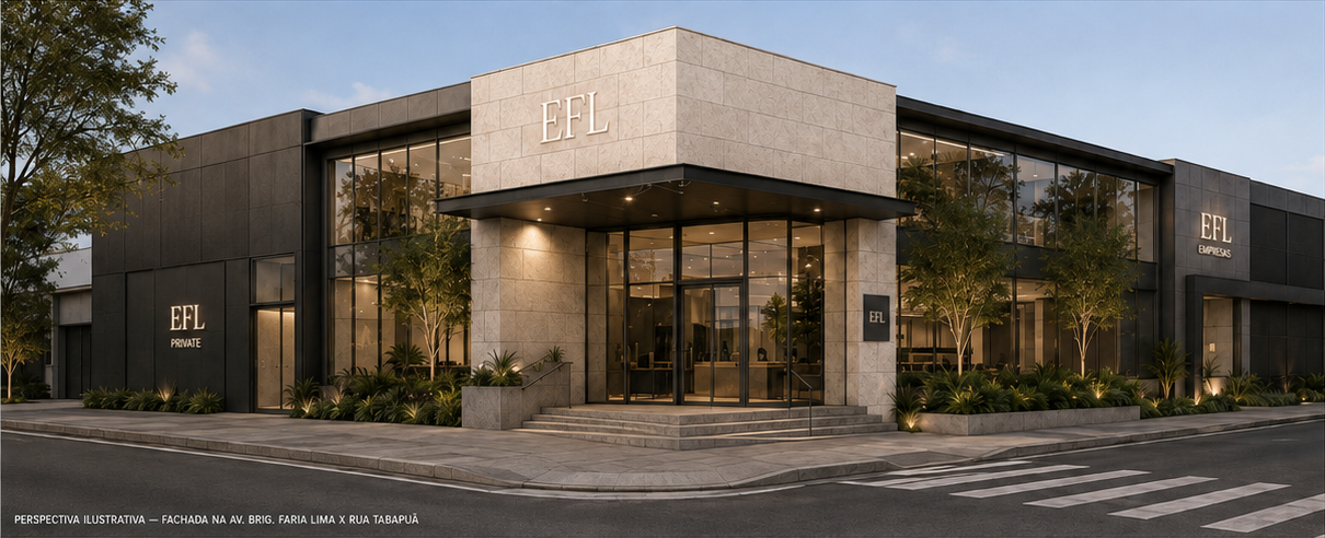 Simulação conceitual de fachada EFL. Não representa o estado atual do imóvel nem projeto aprovado.